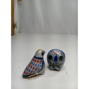 Tonala Mexico 2Pc Mini Birds Hand Painted Art Owl Dove Figurine Signed Decor Vtg